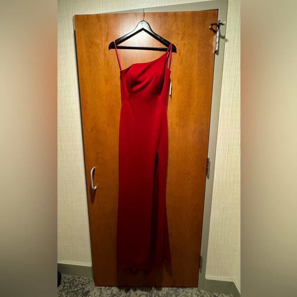 La Femme Burgundy One Shoulder Jersey Evening Gown